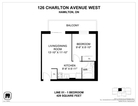 Floor plan for 1 bed, 1 bath, 429 sqft